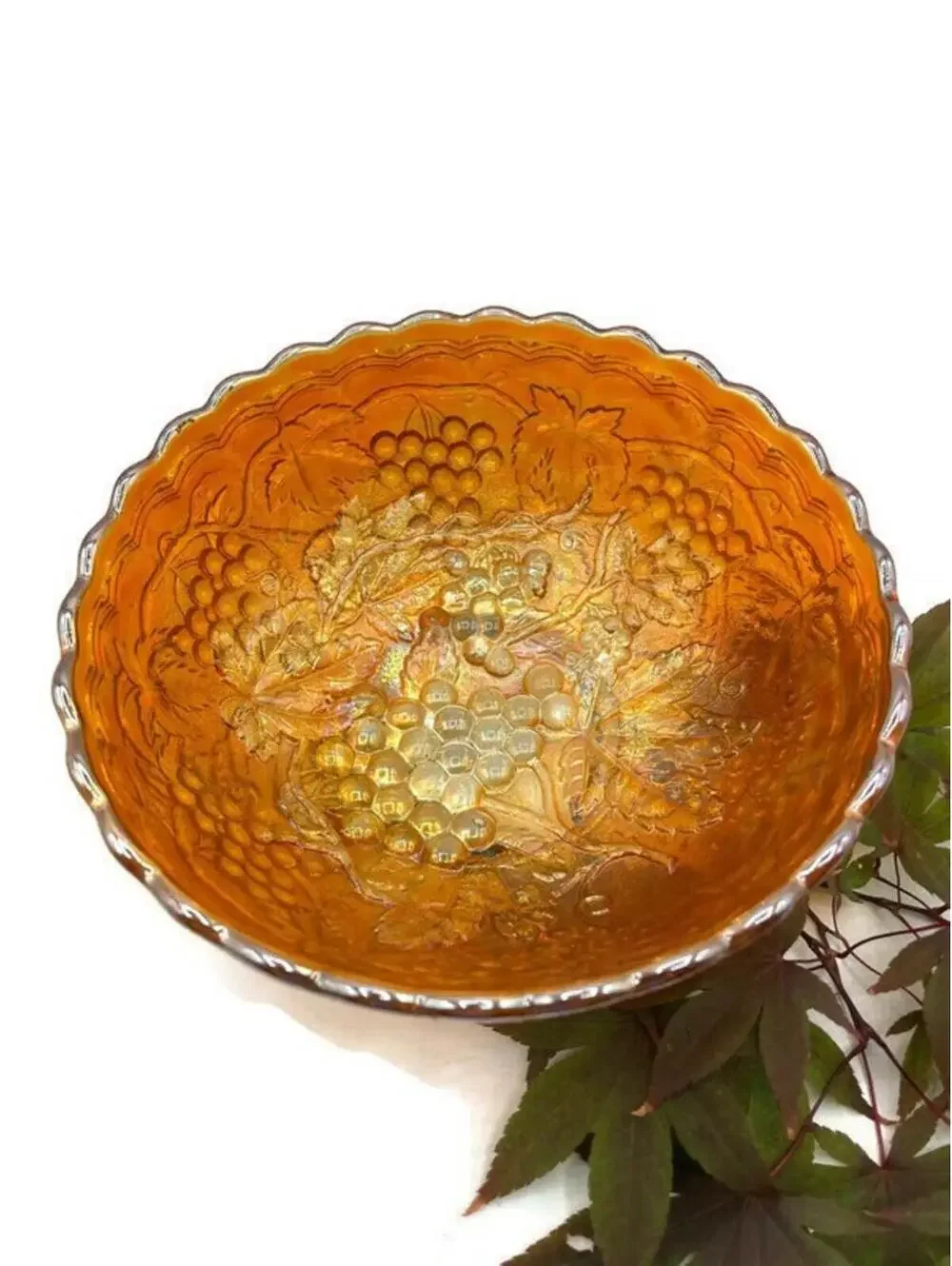 1920s Imperial Carnival Glass Bowl: Marigold Grapes & Leaves, Autumn Decor